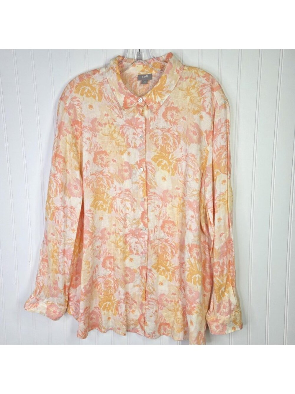 J Jill Tunic Shirt Womens XL Pale Pink Floral Linen Button Up Casual Cottage Top